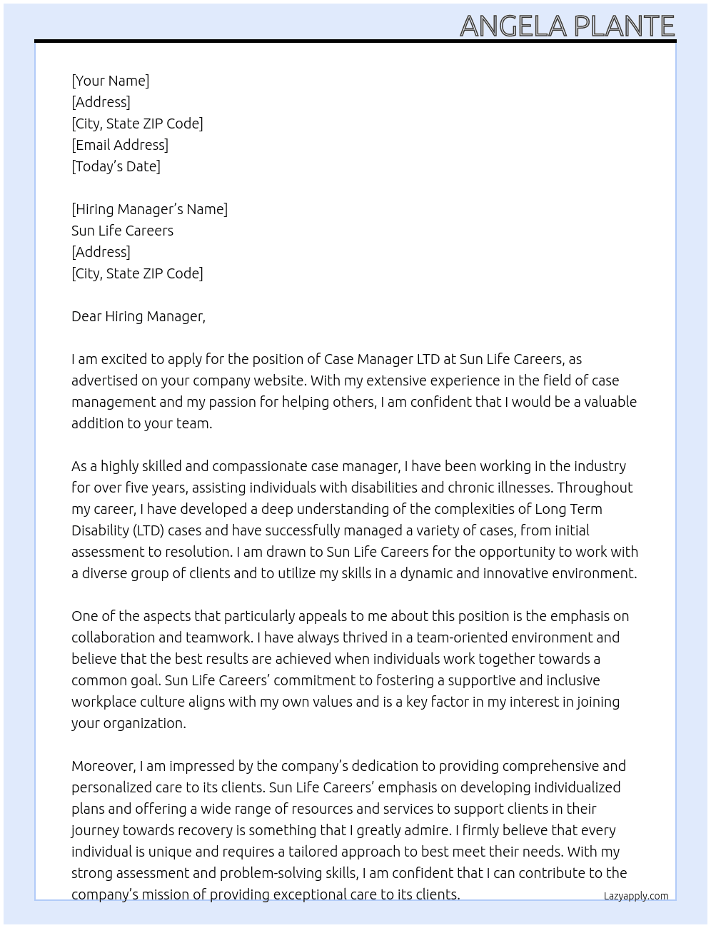 Case Manager LTD At Sun Life Careers  Cover Letter