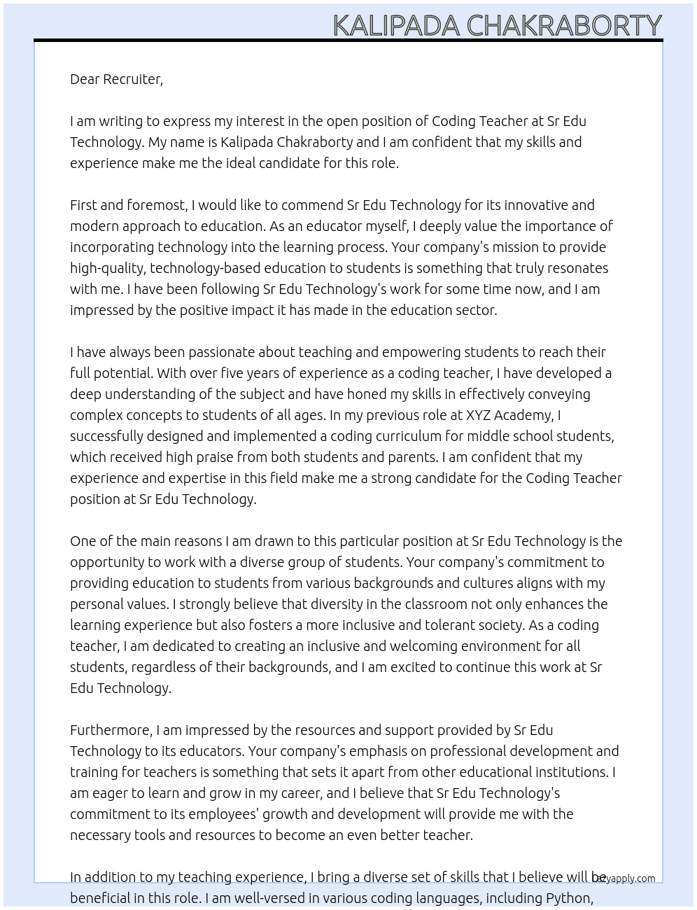 coding teacher At sr edu technology Cover Letter