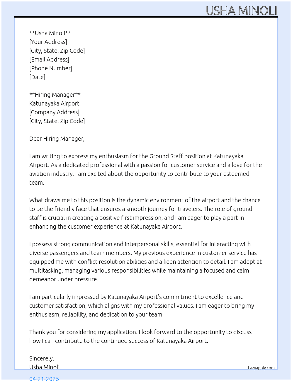 Ground staff airport At katunayaka airport Cover Letter
