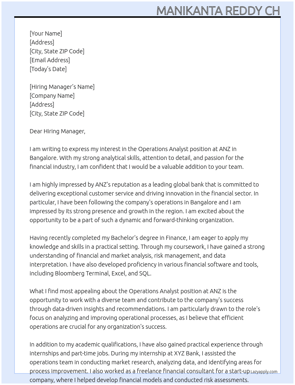Operations Analyst At ANZ Cover Letter