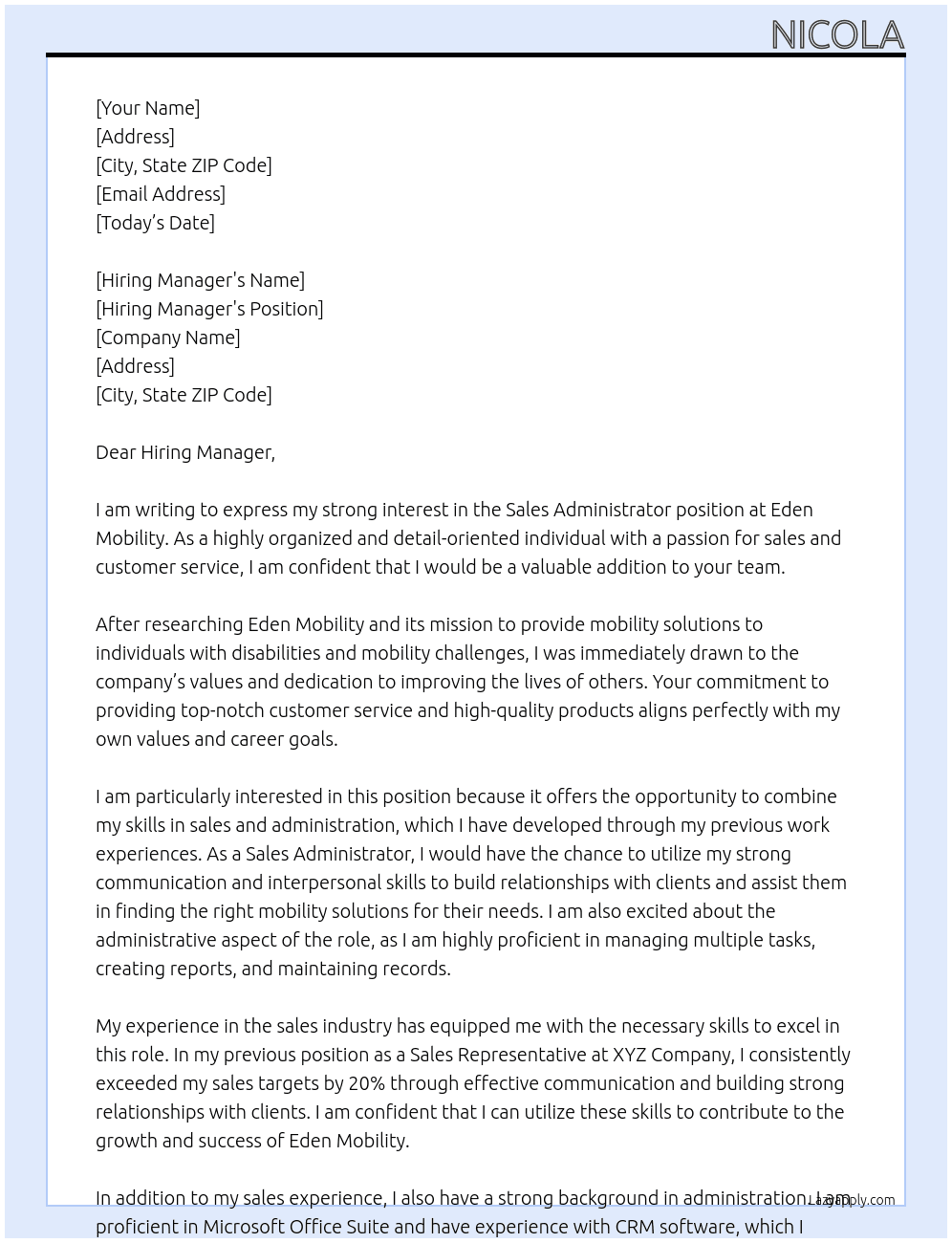 Sales Administrator At Eden Mobility Cover Letter