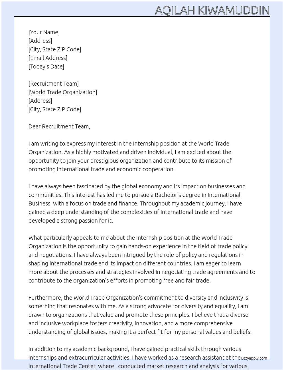 Internship  At World Trade Organization Cover Letter