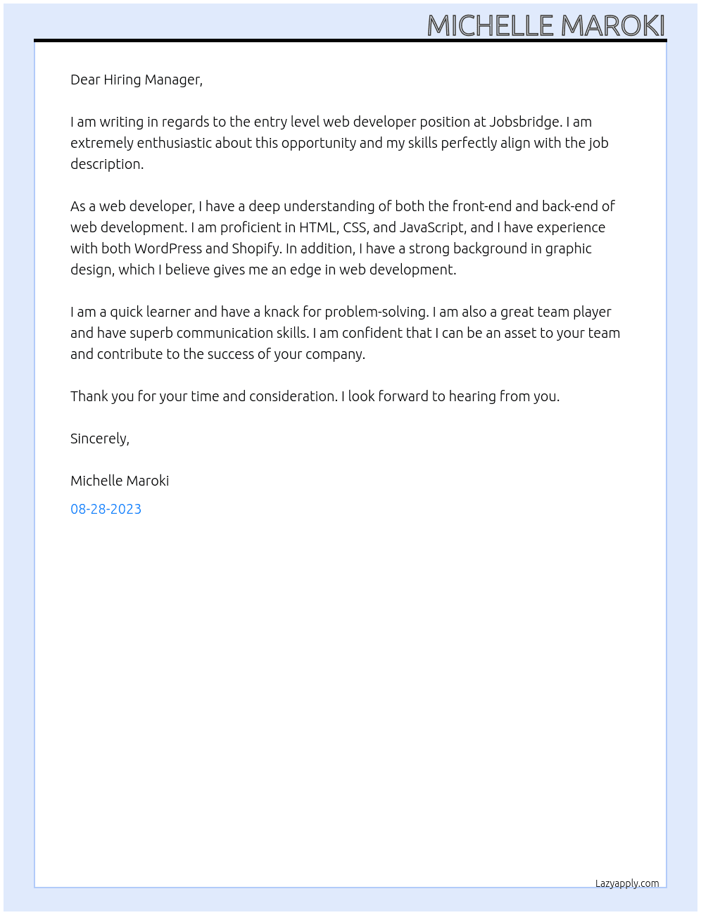 Entry level Web Developer At Jobsbridge Cover Letter