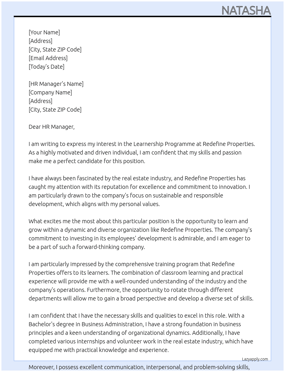 Learnership programme At Redefine Properties Cover Letter