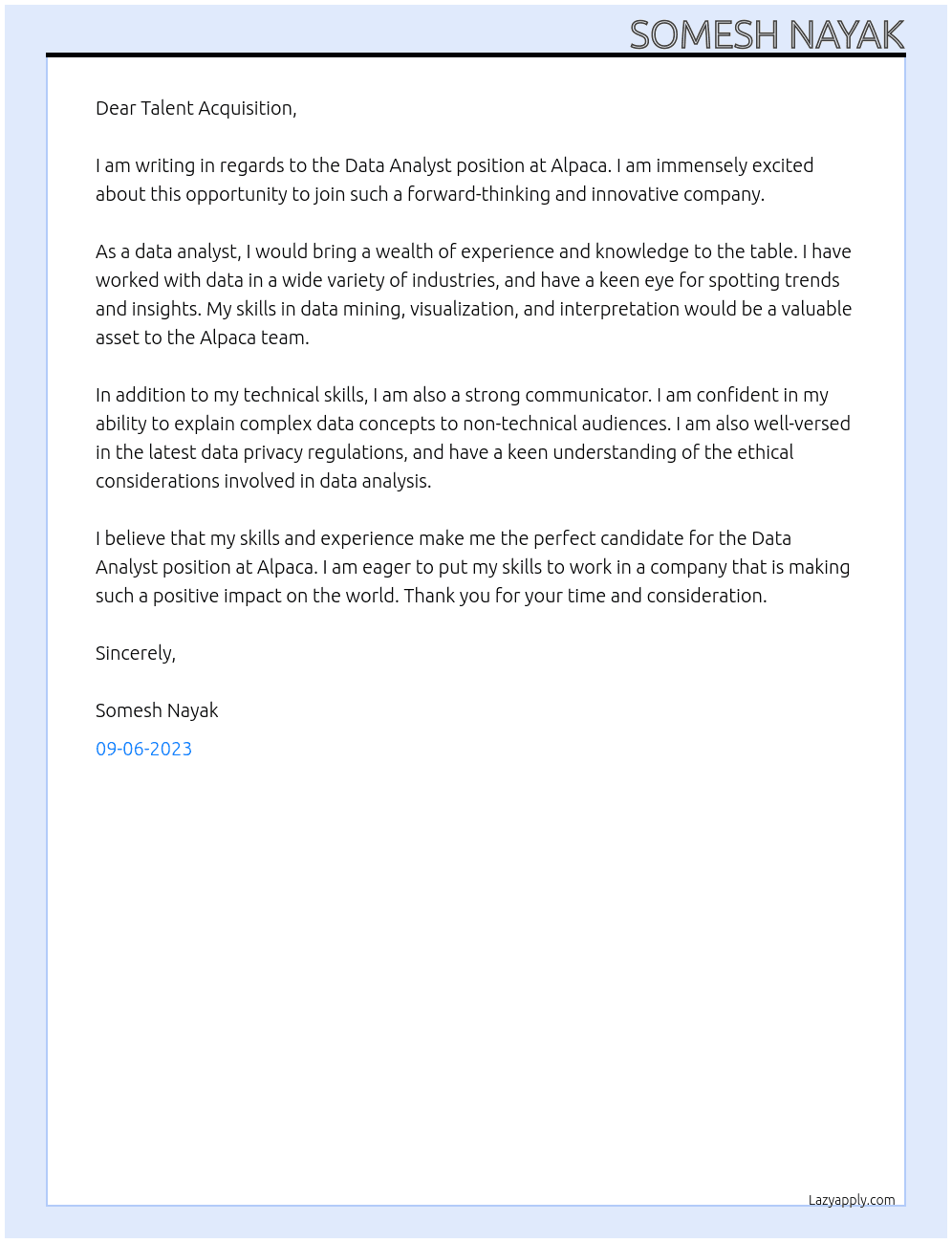 Data Analyst At Alpaca Cover Letter