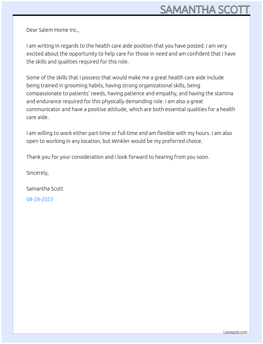 Health care aide At Salem home inc Cover Letter
