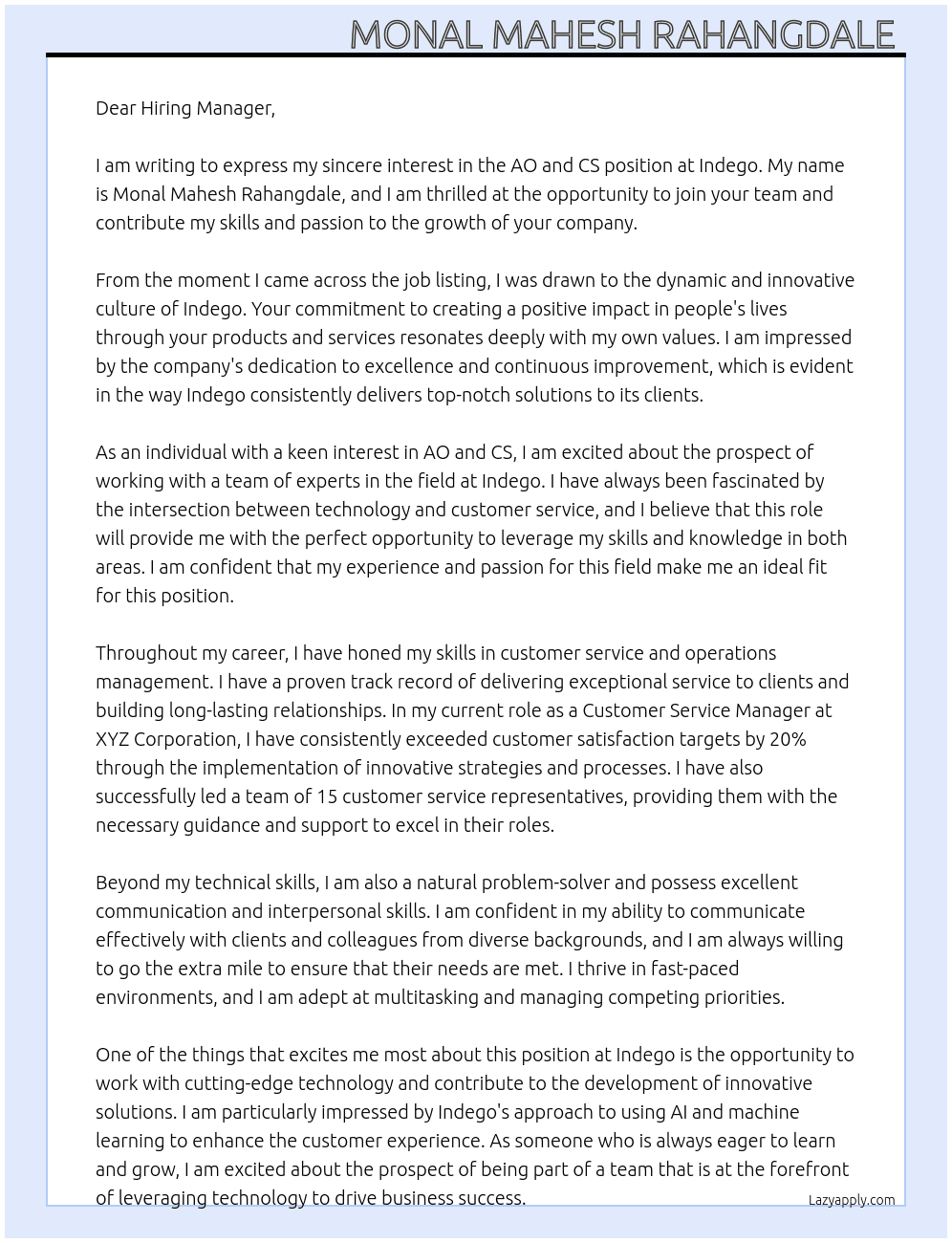 AO and CS  At Indego  Cover Letter