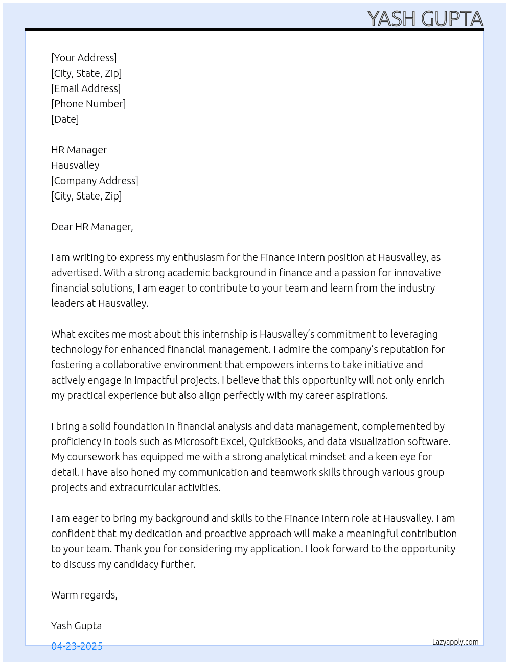 finance intern At Hausvalley Cover Letter