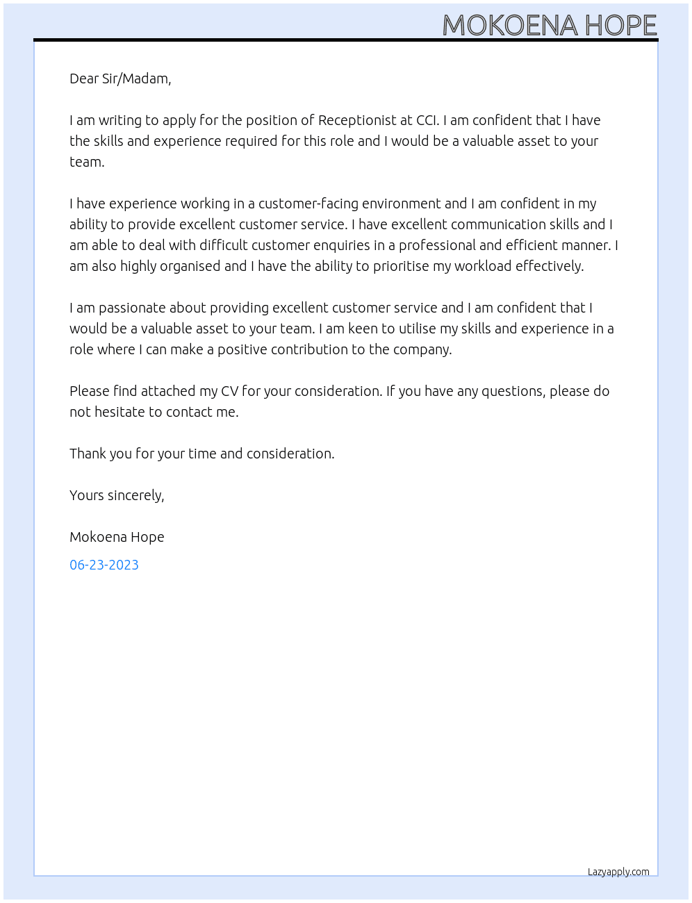 Receptionist  At CCI Cover Letter