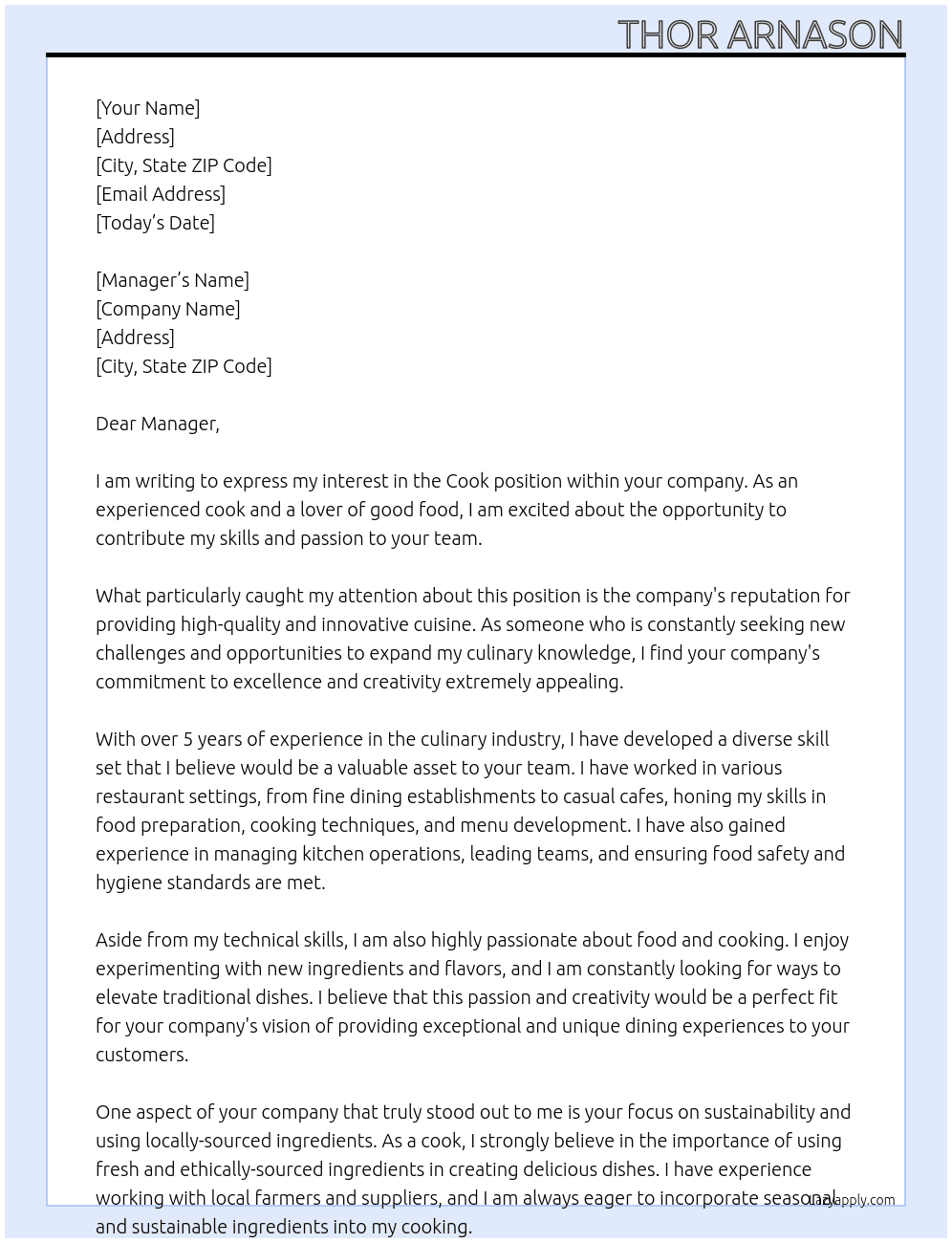 Cook At no specific company Cover Letter