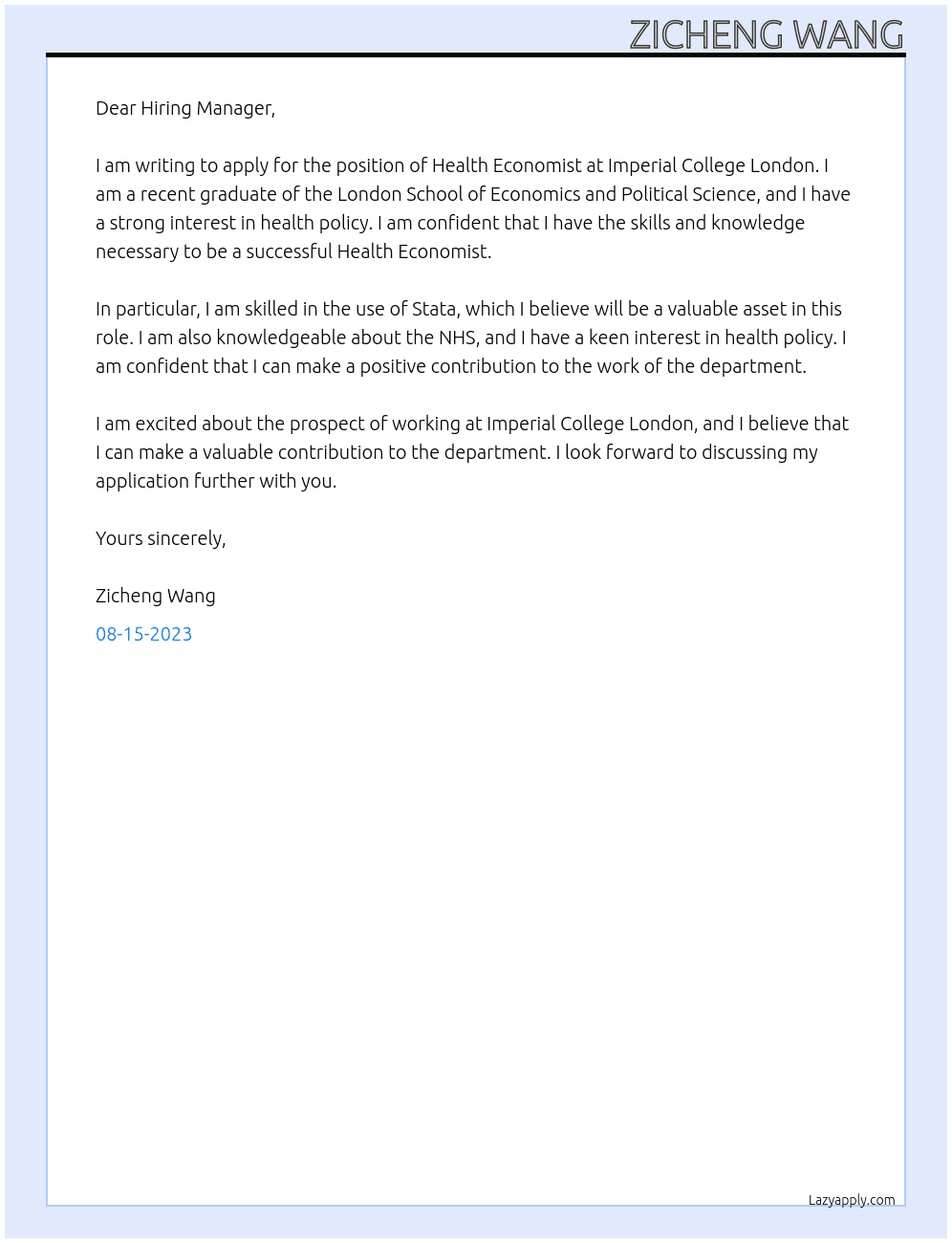 Health Economist At Imperial College London Cover Letter