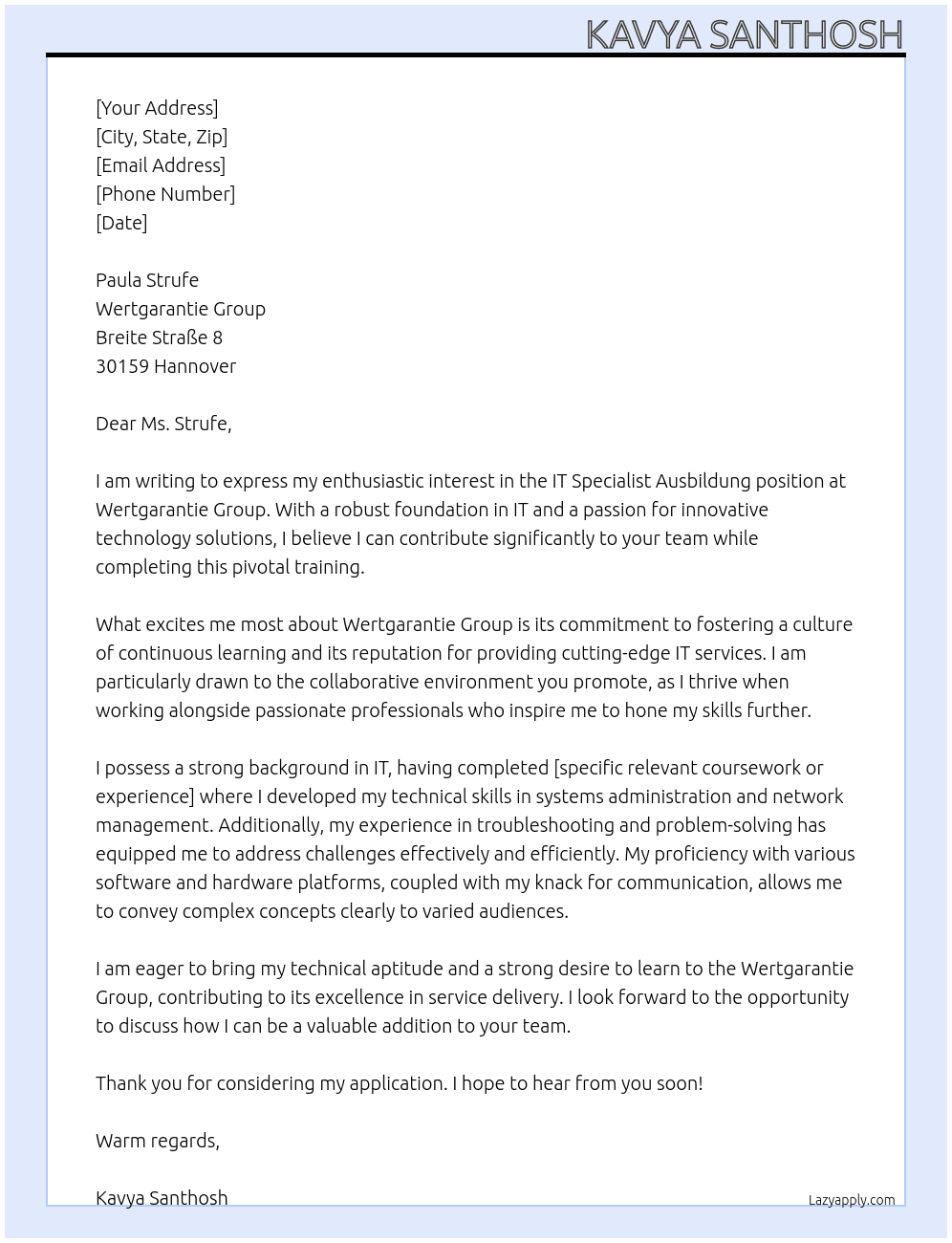 IT  specialist ausbildung At Wertgarantie group Cover Letter