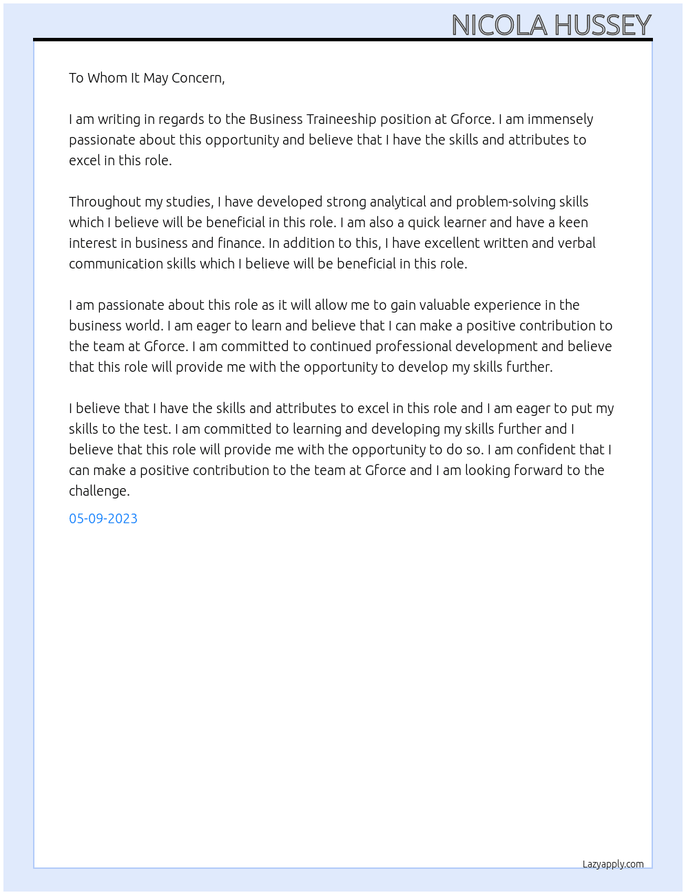 Business Traineeship At Gforce Cover Letter