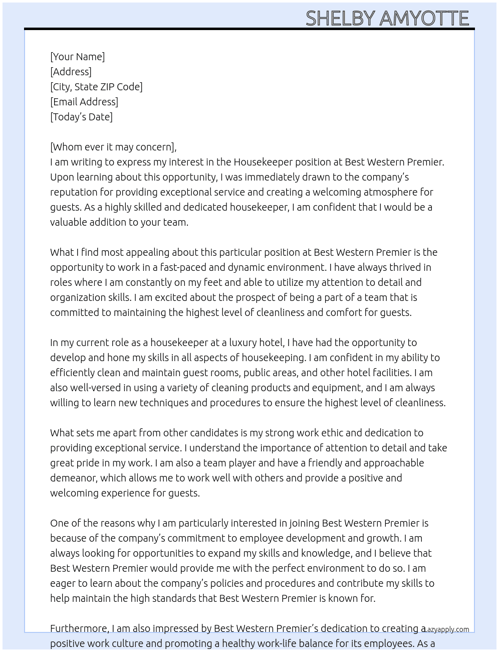 Housekeeper  At Best Western Premier Cover Letter