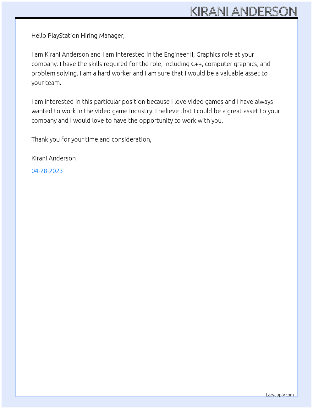 Engineer II, Graphics At PlayStation Cover Letter