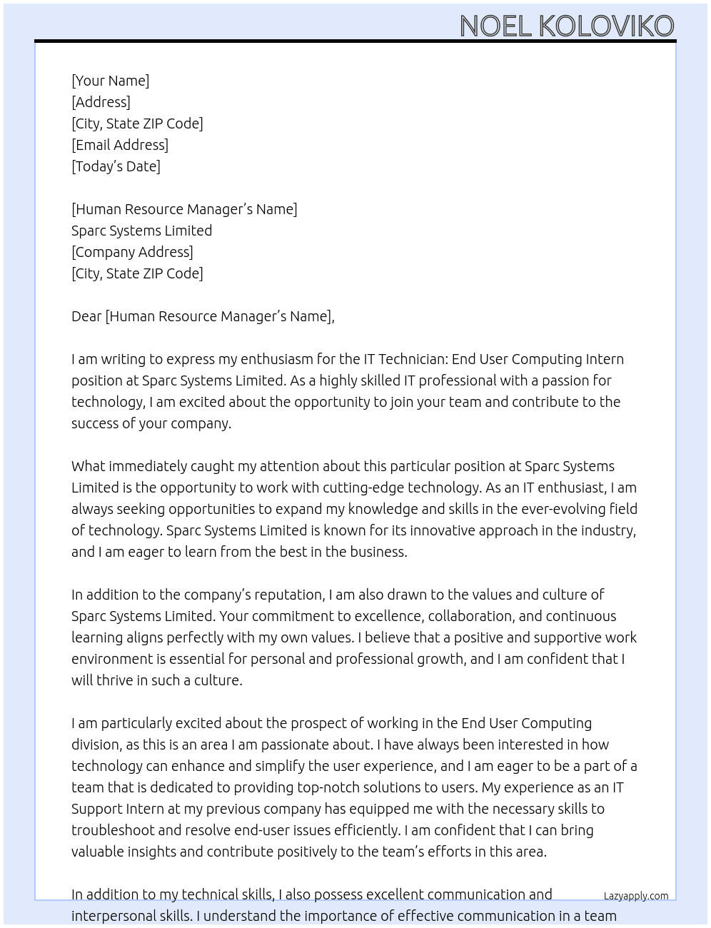 IT Technician: End User Computing Intern At Sparc Systems Limited Cover Letter