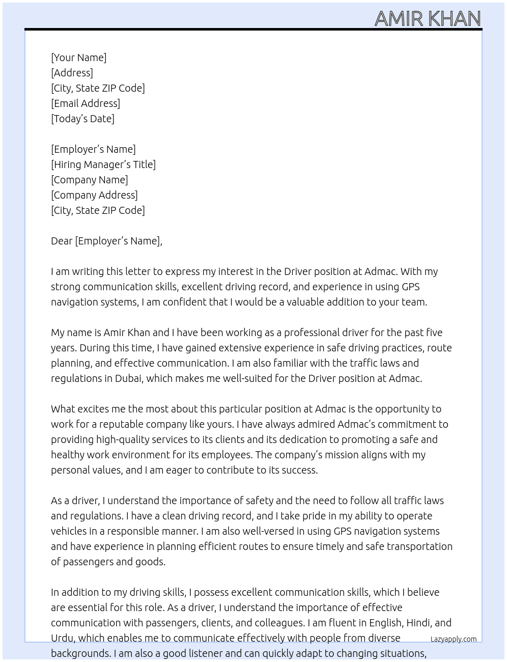 Driver At Admac Cover Letter