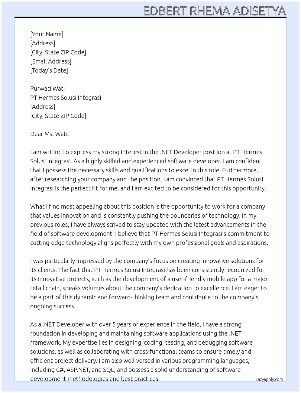 .NET Developer At PT Hermes Solusi Integrasi Cover Letter