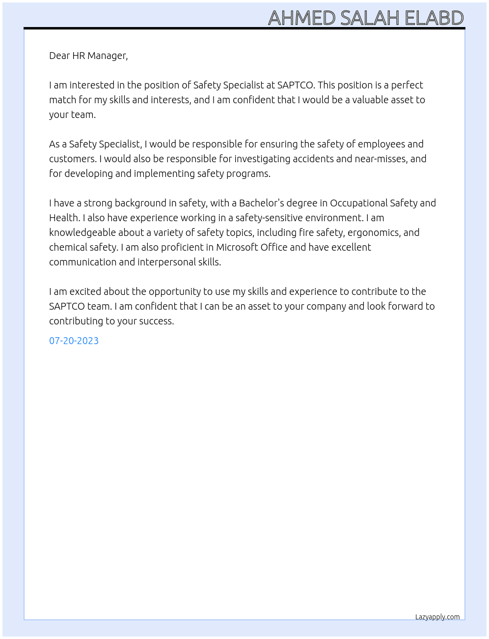Safety specialist At SAPTCO Cover Letter