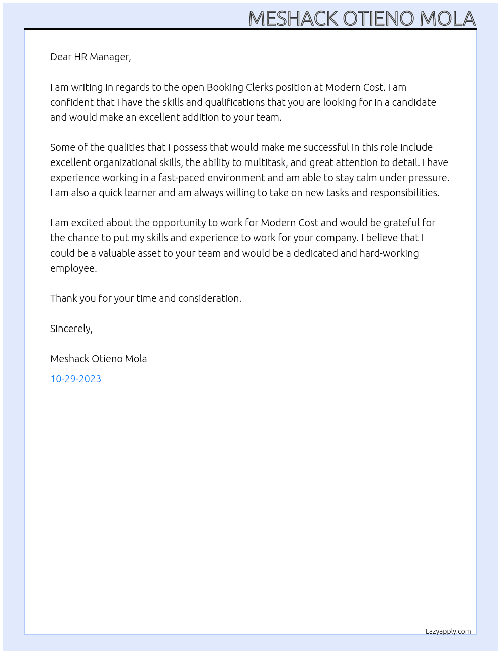 BOOKING CLERKS At MODERN COST  Cover Letter