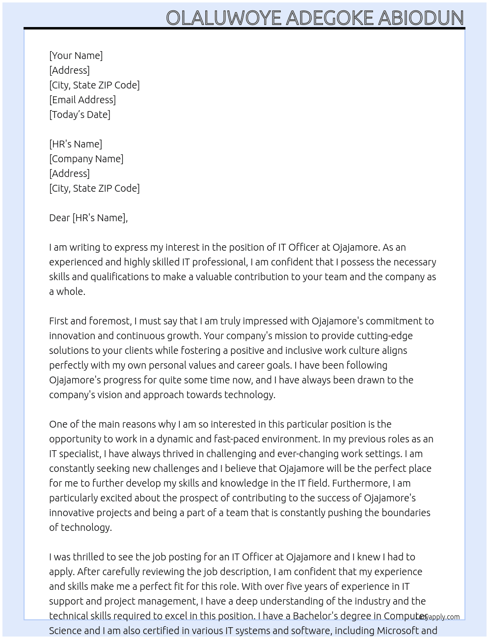 IT Officer At Ojajamore Cover Letter