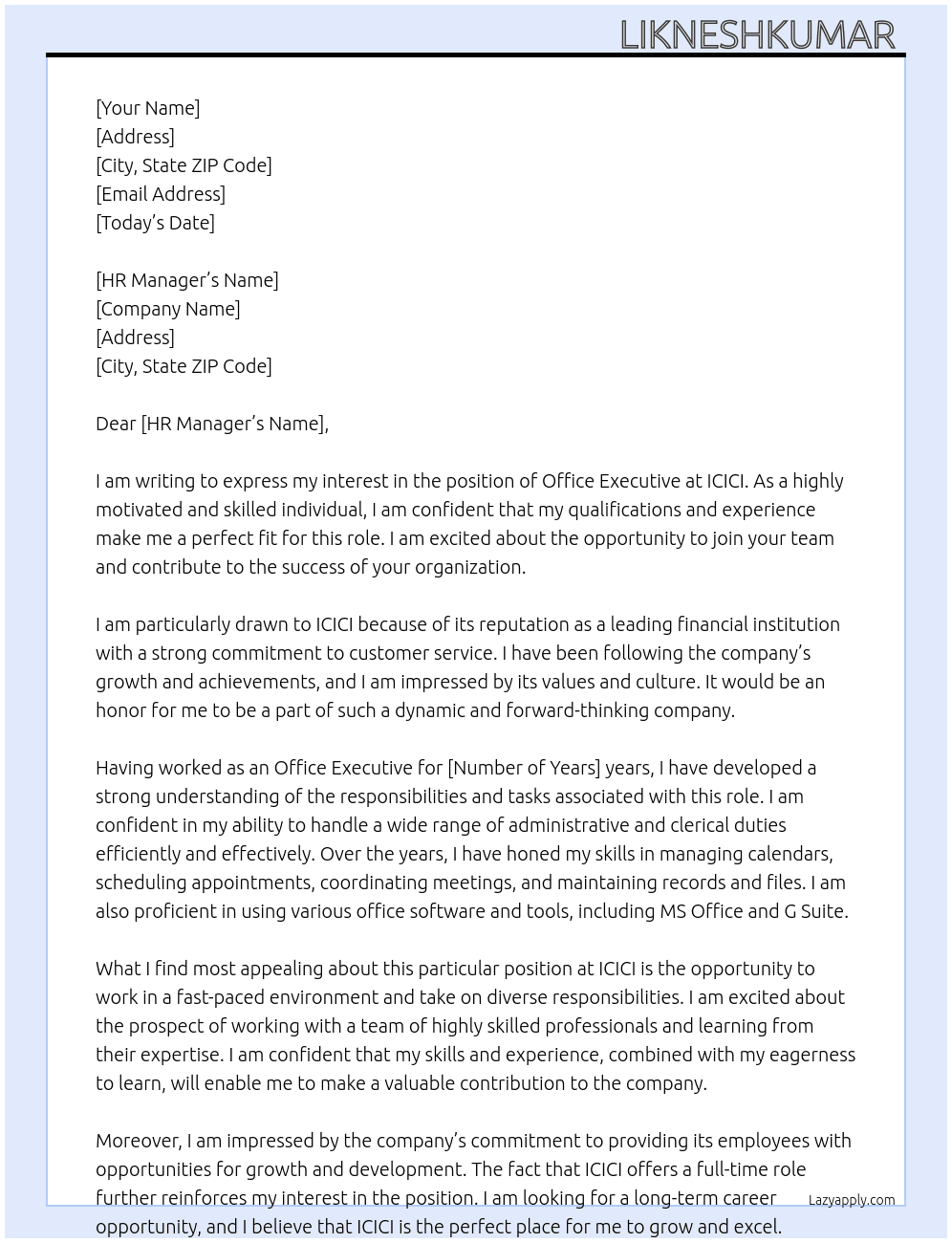 Office executive  At Icici  Cover Letter