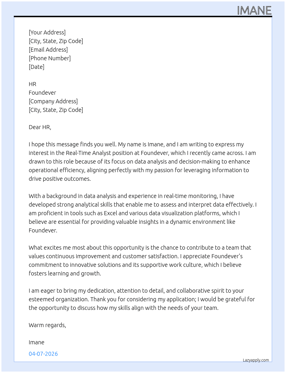Cover letter for real time analyst - LazyApply