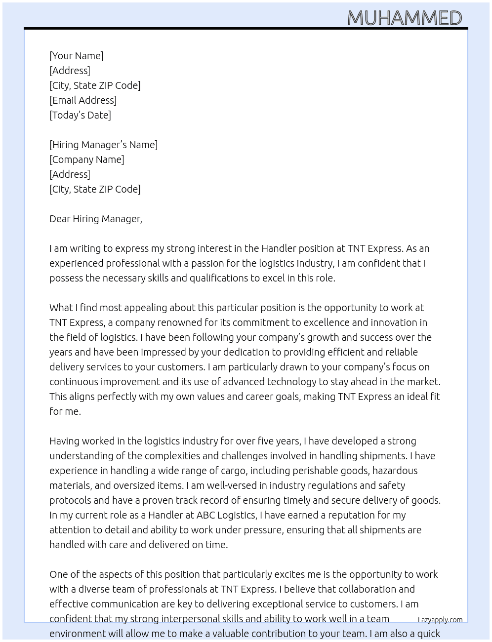 Handler  At TNT express  Cover Letter