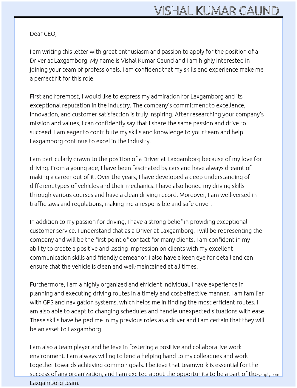 Driving  At Laxgamborg Cover Letter