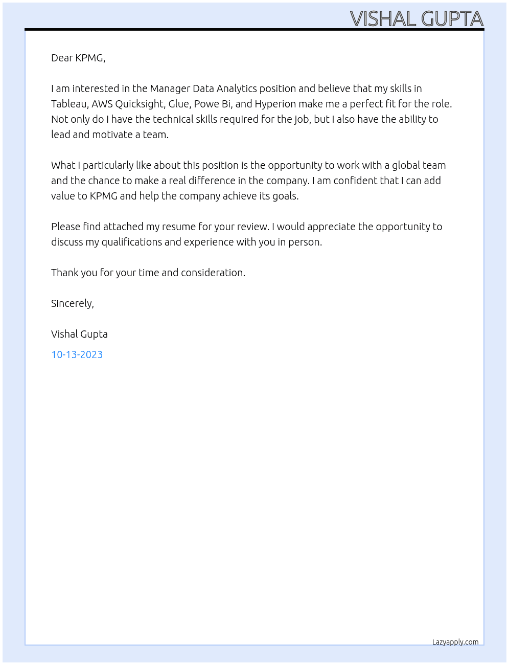 manager Data Analytics At KPMG Cover Letter