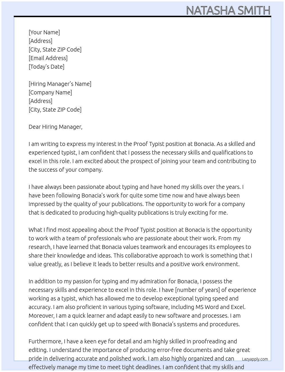 Proof typist At Bonacia Cover Letter