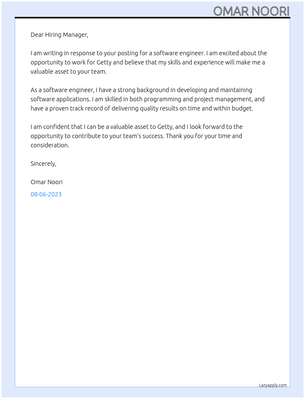 software engineer At Getty Cover Letter