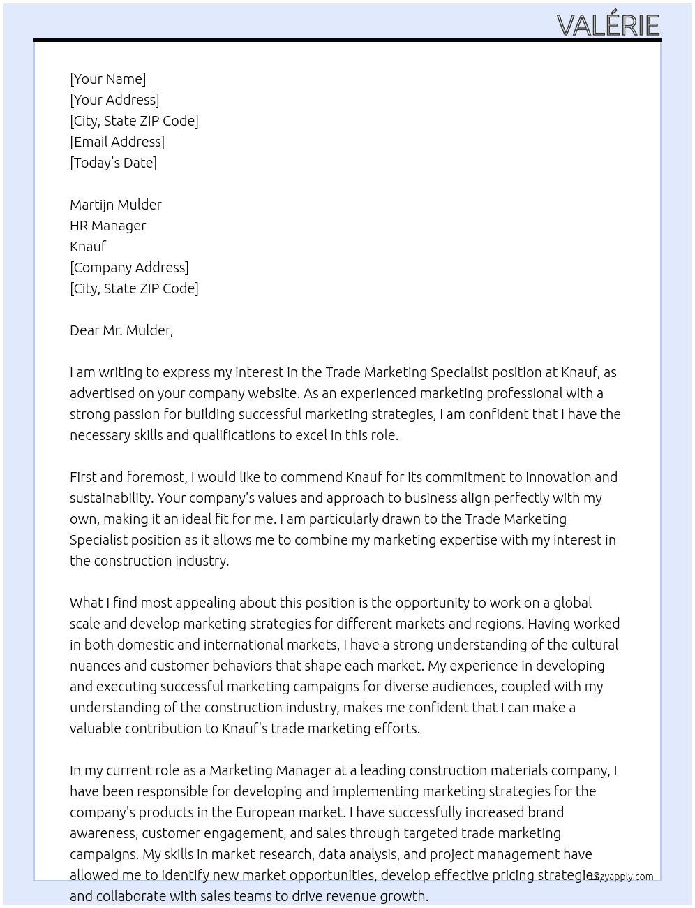 Trade Marketing Specialist At Knauf Cover Letter