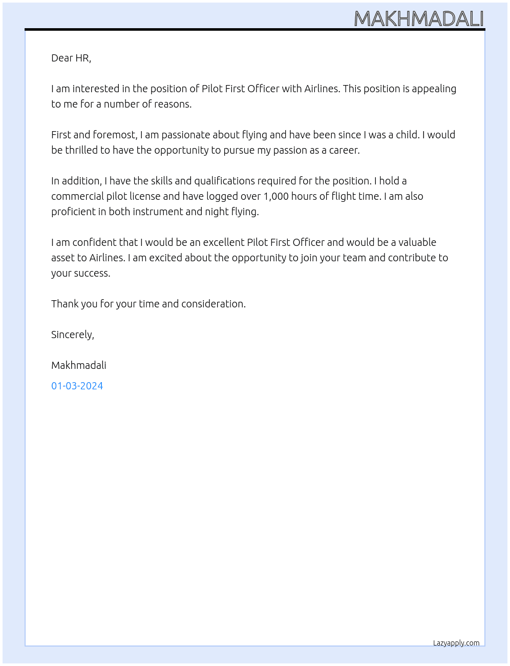 Pilot First Officer At Airlines Cover Letter