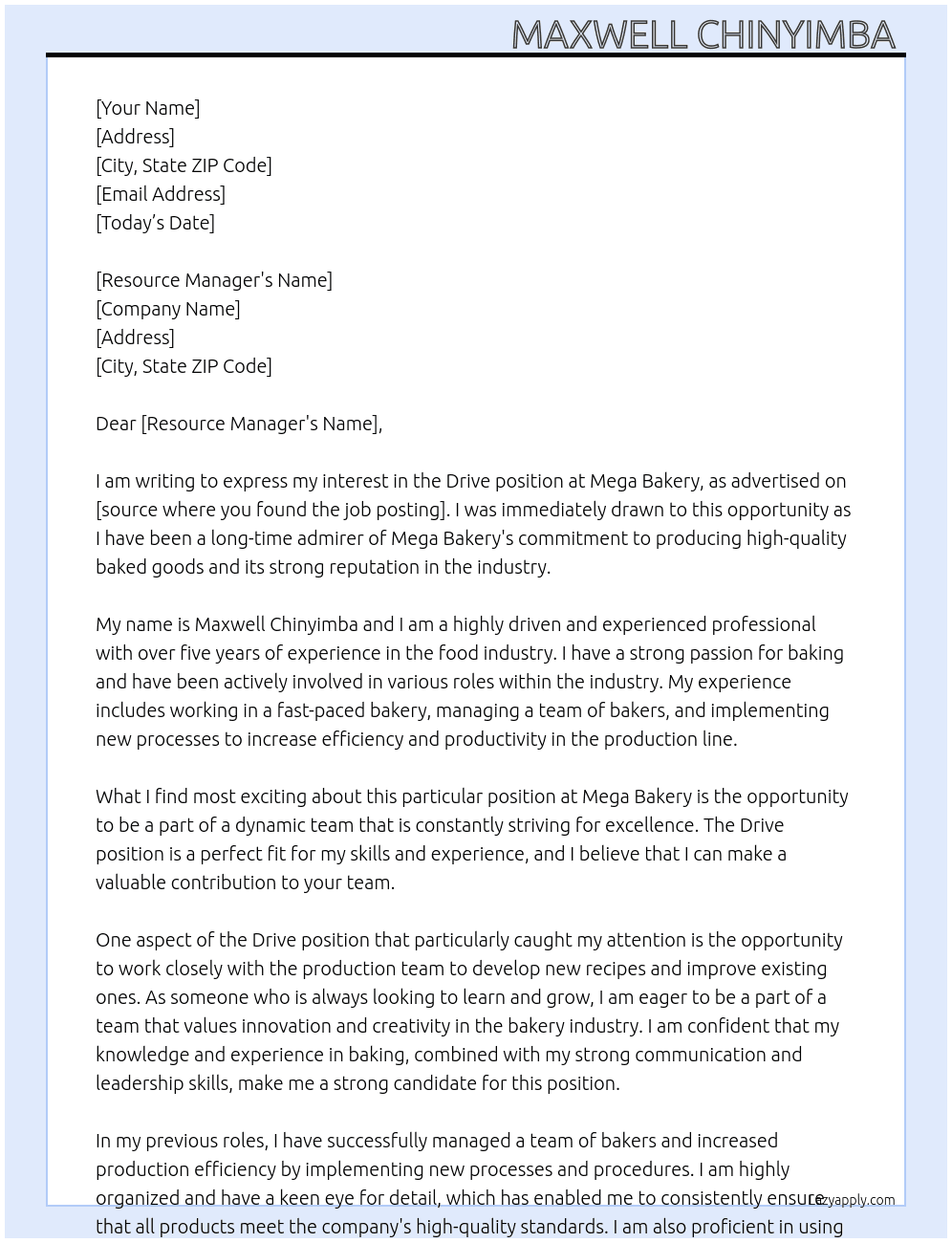 Drive  At Mega bakery  Cover Letter