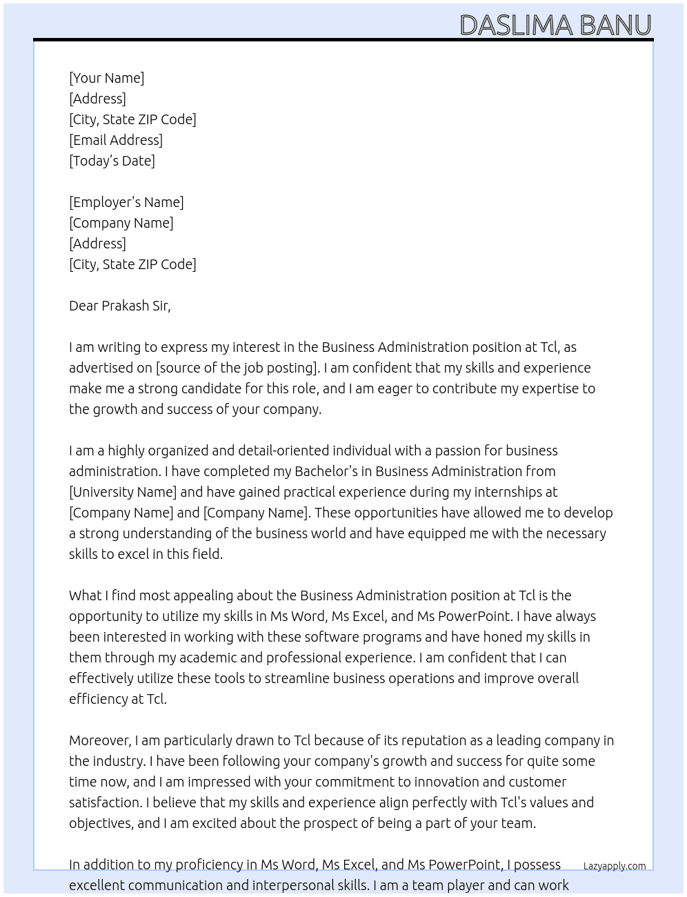Business administration At Tcl Cover Letter
