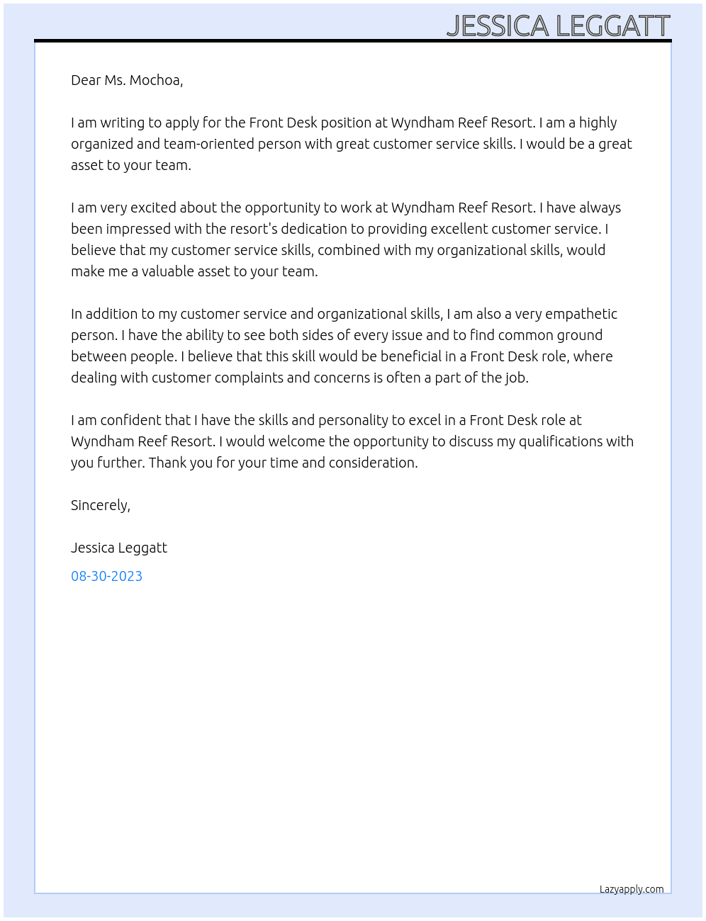 Front Desk  At Wyndham Reef Resort  Cover Letter