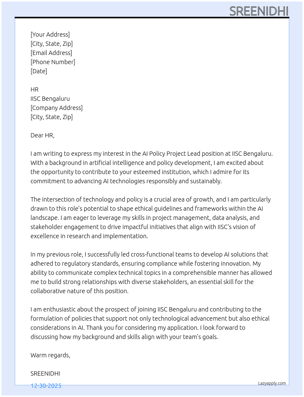 AI POLICYPROJECT LEAD At IISC BENGALURU Cover Letter