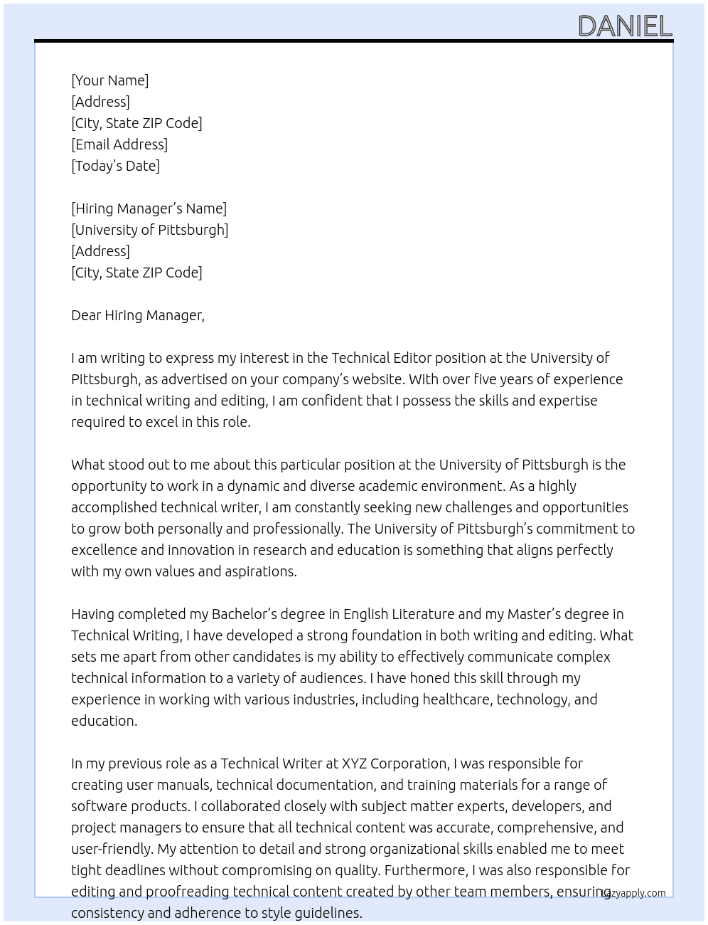 Technical Editor At University of Pittsburgh Cover Letter