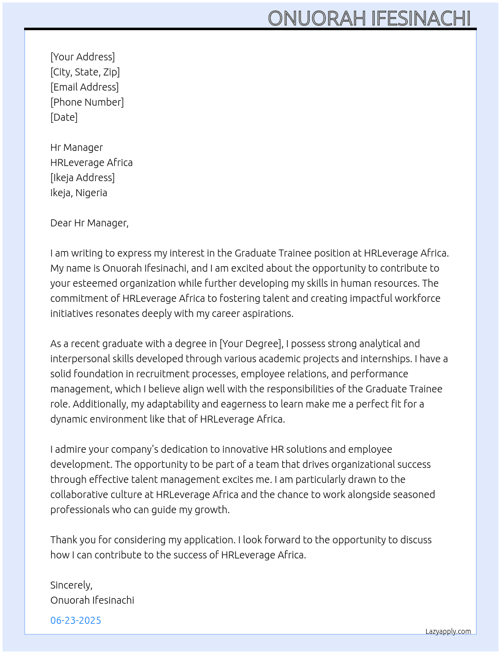 Graduate Trainee At HrLeverage Africa Cover Letter