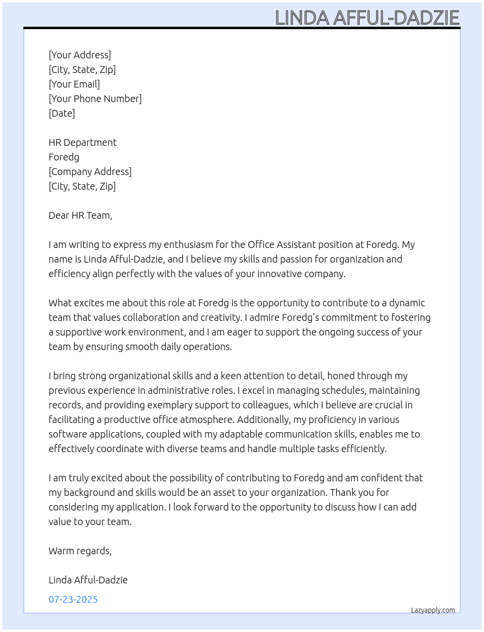 office assistant At Foredg Cover Letter