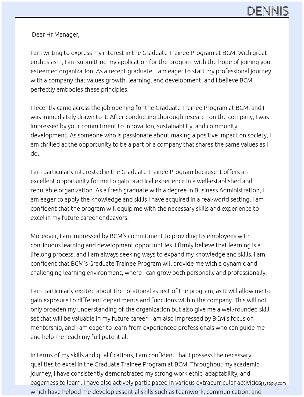 Graduate Trainee Program At BCM Cover Letter