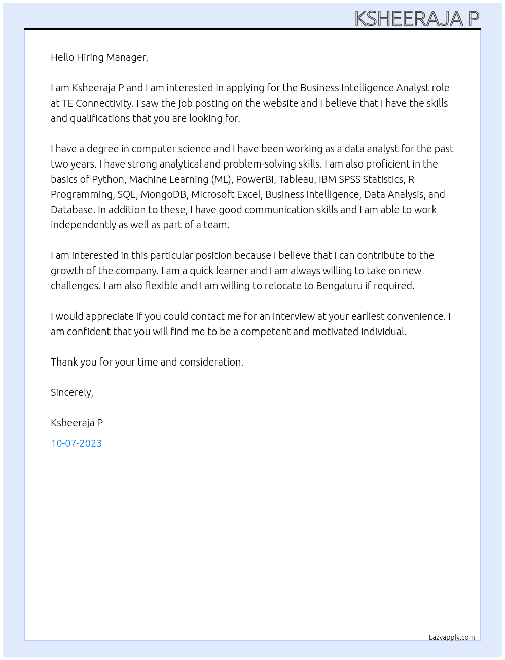 Business Intelligence Analyst At TE Connectivity Cover Letter