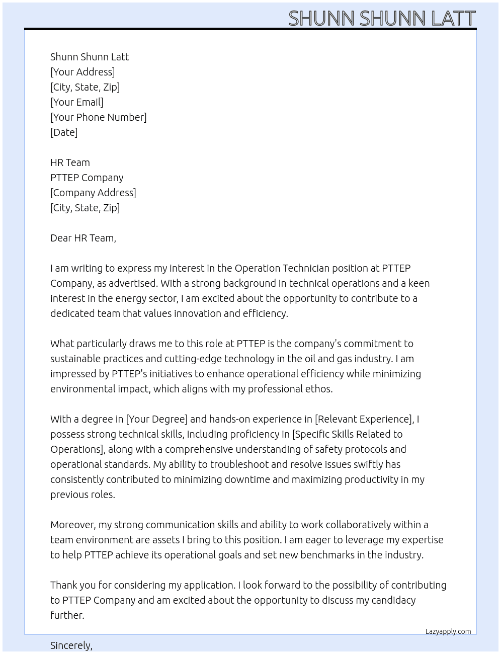 Cover letter for operation technician - LazyApply