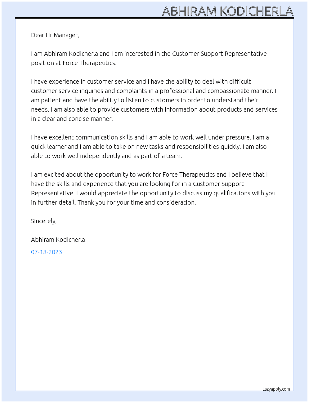 Customer Support Representative At Force Therapeutics Cover Letter