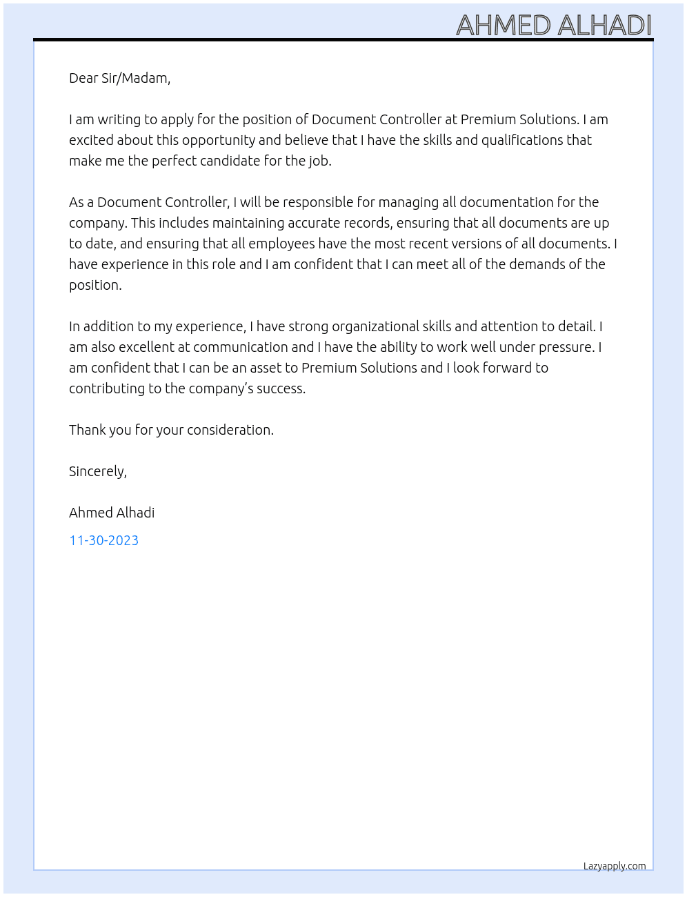 Document Controller At premium solutions Cover Letter