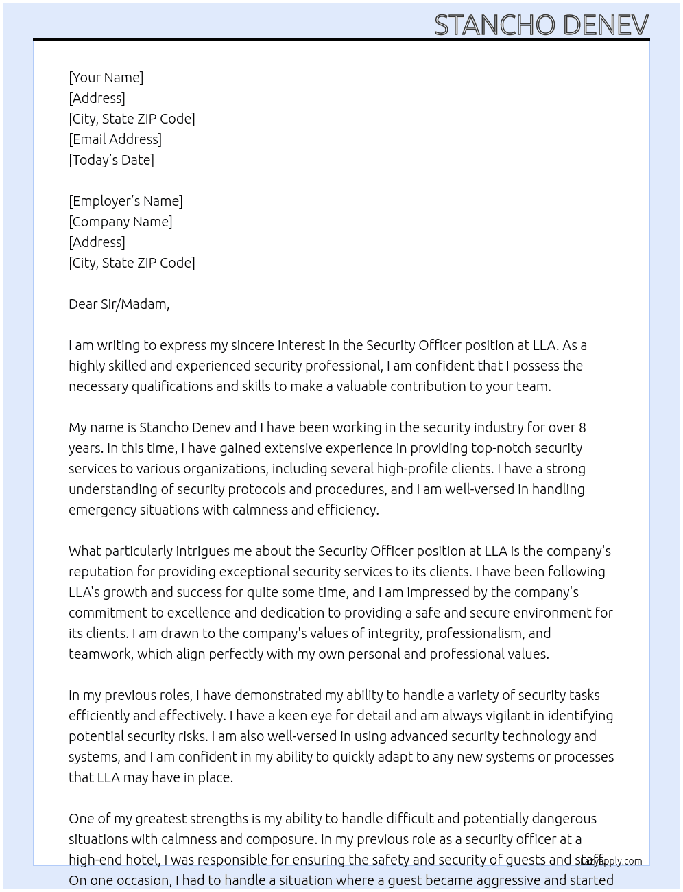 Security officer  At LLA Cover Letter