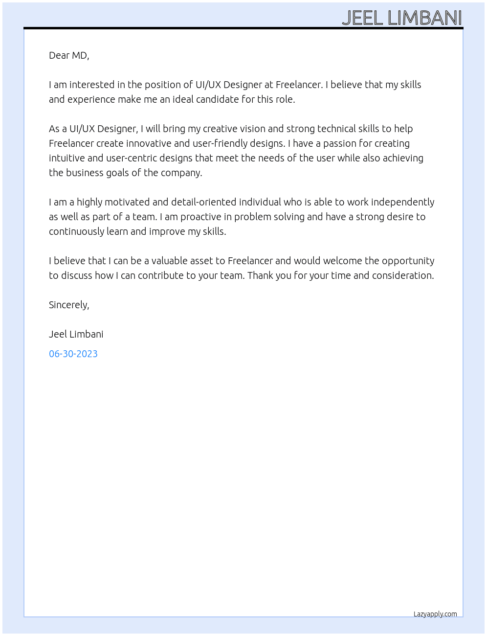 ui ux design At freelancer Cover Letter