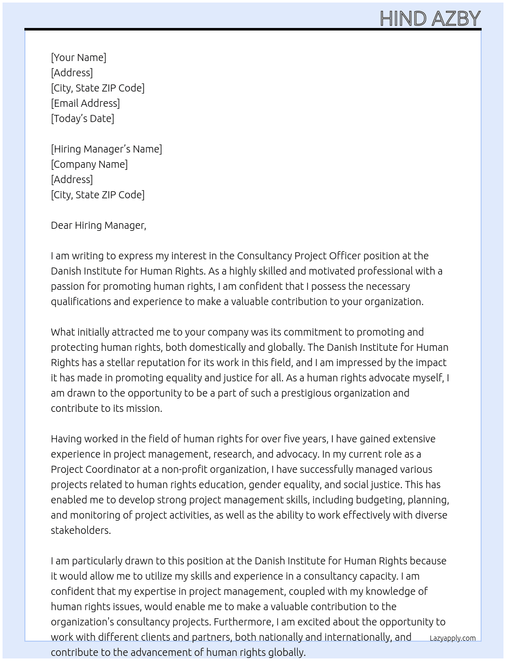 Consultancy project officer At Danish institute for human rights Cover Letter