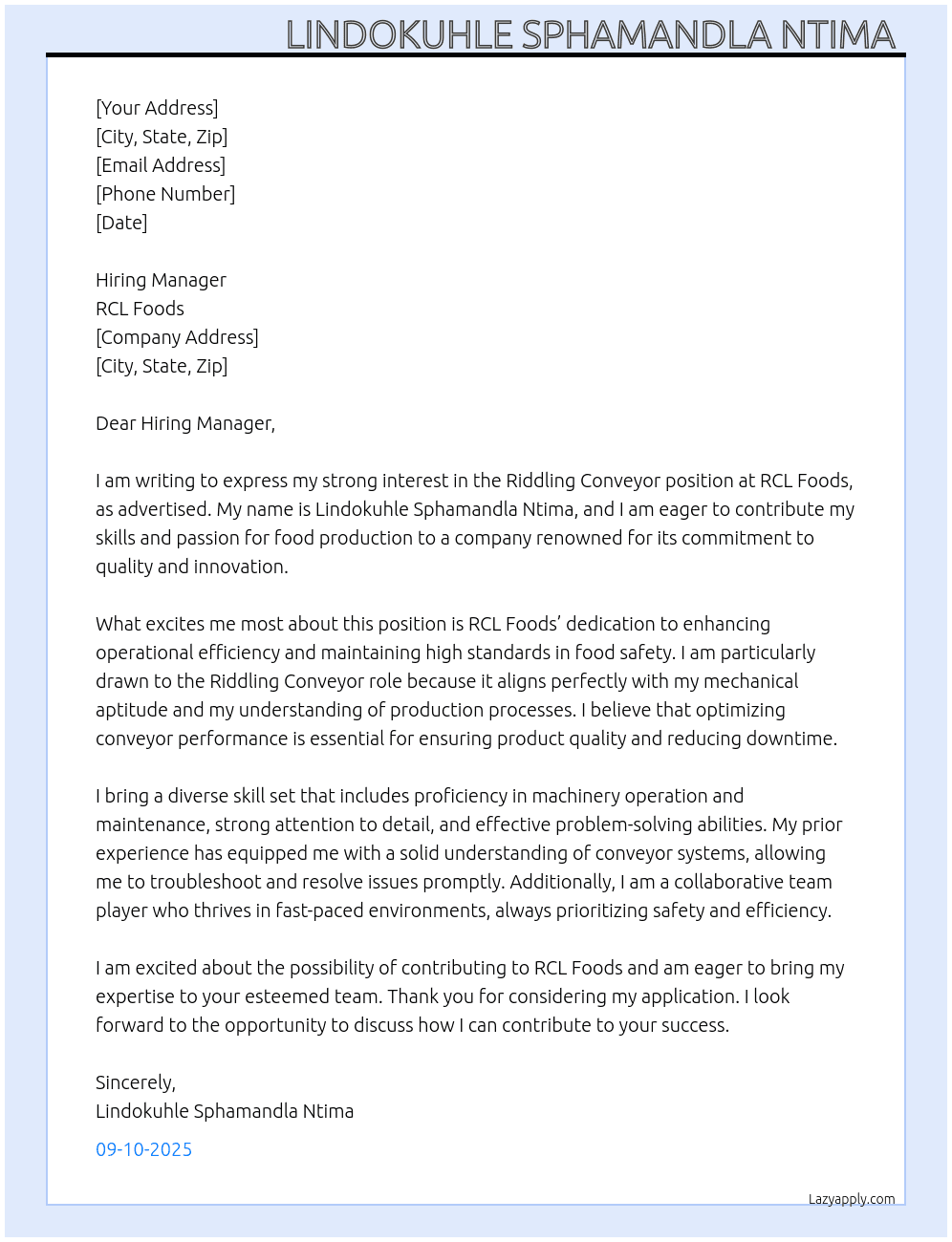 Riddling conveyor  At RCL Foods  Cover Letter